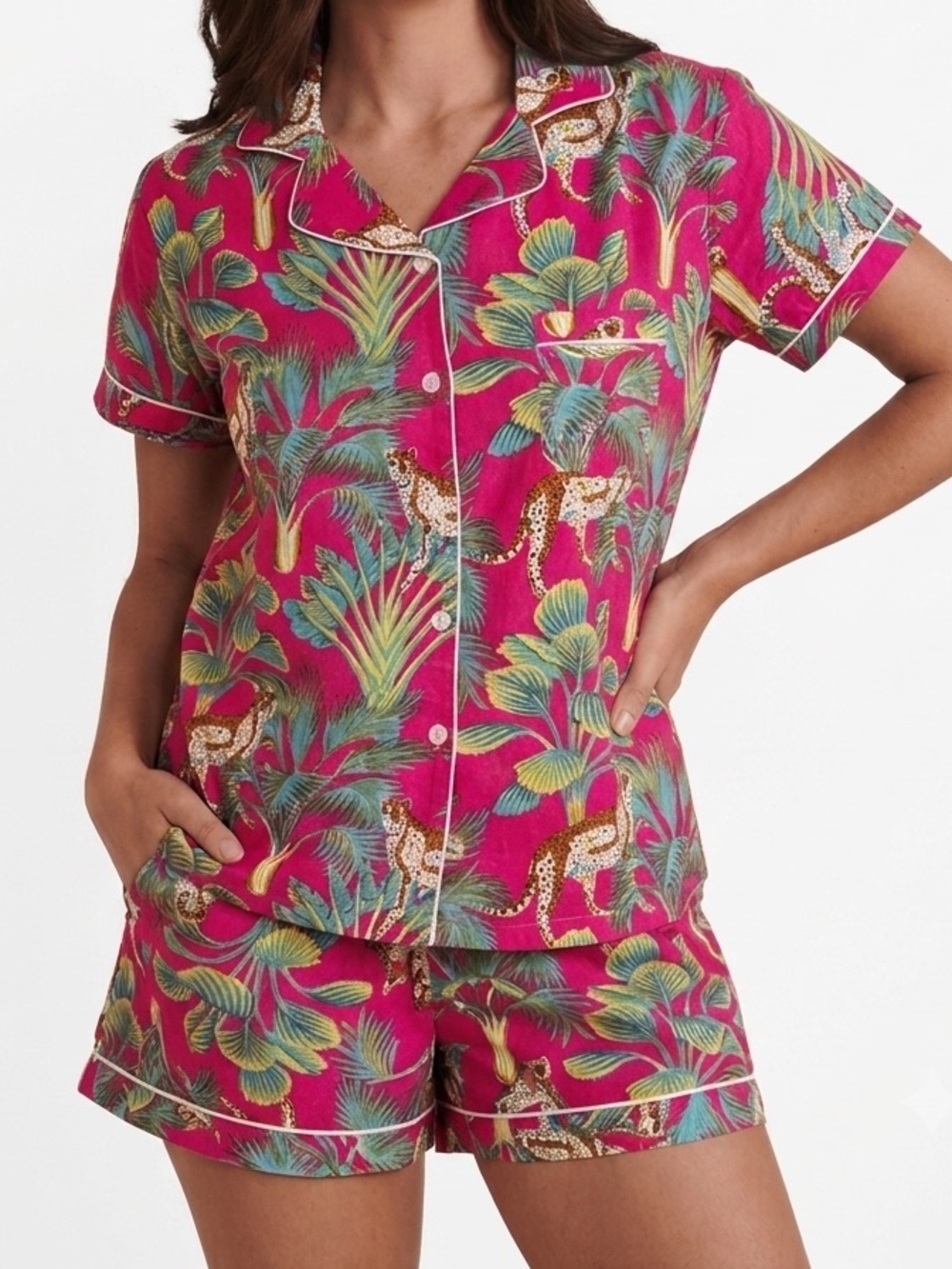 Women's Magenta Tropical Print Short Pajama Set